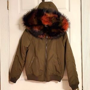 NWOT Rainbow Fur Hooded Bomber Jacket